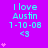 A static image with a bright purple background displays repeated text "I love Austin 1-10-08 <3" in cyan, surrounded by pink heart symbols.