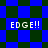 Pixelated blue and dark green checkered background with four instances of "EDGE!!" text in white pixel font.