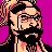 Pixelated static icon of a bearded man with glasses against a solid purple background, rendered in limited color palette with dithering effects.