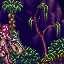 Pixel art scene with a pink-haired figure holding a sword, standing beneath palm trees against a dark purple background.