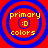 Four identical circular icons with red and blue concentric rings, yellow text reading 'primary :D colors', and a pixelated style on a solid red background.
