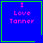 Four blue square with green borders display pink text reading "I Love Tanner"; two have small green symbols in the bottom-right corner