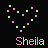 Two side-by-side pixel art hearts with alternating pink and green squares, each heart outlined by colored pixels on a black background beneath the name 'Sheila' in matching colors.