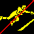 Yellow pixelated figures in combat poses with a red diagonal line across them, surrounded by yellow text on a black background.