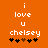 Orange background with white pixelated text reading 'i love u chelsey' and five black-and-brown star icons below.