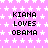 Pixelated text "KIANA LOVES OBAMA" repeated across a pink star-patterned background with a gray corner overlay.