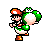 Pixel art of two characters: a red-hatted figure in white overalls and green shirt, and a green dinosaur with white belly. Both wear brown shoes.