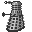 Four pixelated grayscale Dalek figures arranged in a , each with distinct arm and body positions against a light gray background