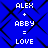 Blue background with black diamond pattern and white pixelated text reading ALEX + ABBY = LOVE repeated twice