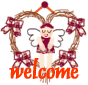 A pixelated graphic shows a character in a heart-shaped frame with bows, holding a stethoscope, with 'welcome' text below.