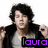 A person with dark curly hair wearing a black jacket over a gray shirt appears in with the text 'laura' in different colors below