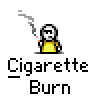 Animated contact sheet of a pixel art cigarette burn icon showing sequential frames with smoke, hand gestures, and ash accumulation on a gray background.