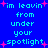 Blue background with cyan text reading "im leavin from under your spotlight" and pink starbursts, displayed in a of repeated identical sections