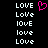 Pixelated text 'LOVE' variations in white and pink on black background with a single animated heart symbol.