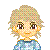 Pixelated character with light brown curly hair, large dark eyes, and a subtle smile wearing a blue patterned top.