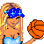 Pixel art contact sheet showing multiple frames of a female character holding a basketball, wearing blue starry crop top and dark jeans with blue checkered belt buckle.