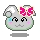 Pixel art character with gray head, pink bow, and green outline; four variations show subtle facial expression changes.