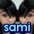 A four- of pixelated images with text overlays: two faces, a cat silhouette, and a rainbow burst, all with blue text reading 'sami', 'loves', and 'U!' on a gray background