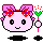 Pixelated pink character with bow headband, smiling face, and changing props including flower wand and heart-shaped sparkles.