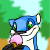 Blue and white cartoon animal with green eyes holds pink ice cream cone, standing before blurred green trees.