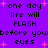 Purple background with pink starbursts and repeated black pixelated text reading 'one day life will FLASH before your eyes' in a pattern