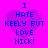 Four identical pixelated heart-shaped icons with blue text on a bright pink background, each displaying "I HATE KEELY BUT LOVE NICK!" in a