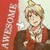 Pixelated anime-style character with blonde hair in a bun, wearing red and brown clothing, standing against a red background with vertical text.