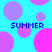 Pixelated cyan background with scattered purple and pink circles, four instances of blue text reading 'SUMMER' in blocky font.