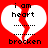 Red background with two white heart shapes, each split by a jagged red line; text reads "i am heart" above and "brocken" below in black pixelated font.