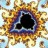 A pixelated static image with a central dark void surrounded by a blue and purple ring, radiating outward into a chaotic mix of brown, yellow, and light blue pixels.