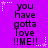 Purple background with black text reading "you have gotta love !!ME!!" repeated in a pattern, surrounded by white and purple star-shaped pixel decorations