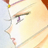 Pixelated close-up of a character's face with light skin, dark eyes, and brown hair against a pale background.