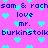Pixelated text repeats 'sam & rach', 'love mr.', and 'burkinstolk' on a bright pink background with scattered cyan hearts.
