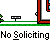 Pixelated animation of green character with red hat interacting with doors, displaying text "No Soliciting" and speech bubble "NO..S-S...?".