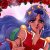 Pixelated image of a person with blue hair wearing red clothing and holding an object near their face.