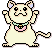 Pixel art cat with light beige fur, blue inner ears, and a pink collar with a gold bell, shown in two expressions: neutral and smiling.