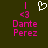 Pixelated icon with dark green background, pink text reading 'Dante Perez', and a white heart symbol above the name.