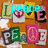 Animated icon with changing text overlays over a collage of letters and symbols on an orange background.