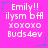 A static image with a bright pink background displays white pixelated text reading "Emily!! ilysm bff xoxoxo Buds4ev" surrounded by small blue and purple star-shaped decorations.