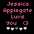 Pixelated pink text on black background reads "Jessica Applegate Luvs You <3" with five white and gray hearts below.