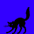 Black silhouette of a cat with arched back and raised tail on solid blue background, positioned above a gray rectangular shape.