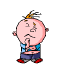 A cartoon character with a round pink face, spiky brown hair, blue shirt, and dark pants appears in nine distinct poses showing varied facial expressions and hand positions.