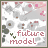 Pixelated icon with pink and gray floral background, 'future model' text in red-pink letters, small green leaf-like symbol next to 'future', animated flower petals shifting position.