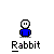 Pixelated rabbit icon with blue torso and white head, displaying sequential facial expression changes from neutral to smiling