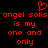 Red pixelated text on black background with heart symbol above, repeating 'angel solis is my one and only' in two