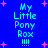 Blue background with pink starbursts and cyan text reading "My Little Pony Rox !!!!" in four identical vertical arrangements.