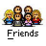A 4-frame pixel art animation contact sheet showing a group of five cartoon characters with speech bubbles changing across frames, labeled "Friends" beneath each frame on a gray background.