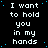 Pixelated text repeats 'I want to hold you in my hands' across a black background with scattered blue dots, forming a of identical phrases