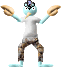 Pixelated cartoon character with light blue skin, white shirt, camouflage pants, and tan gloves in multiple poses against gray background.