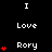 Pixel art icon with black background displaying white text "I Love Rory" and red heart symbols in varying quantities.